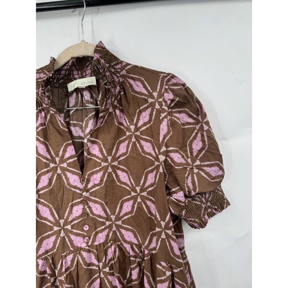 Pinch Printed Midi Dress Women Large Brown Prairie Peasant Boho Cottage Milkmaid - Picture 8 of 12